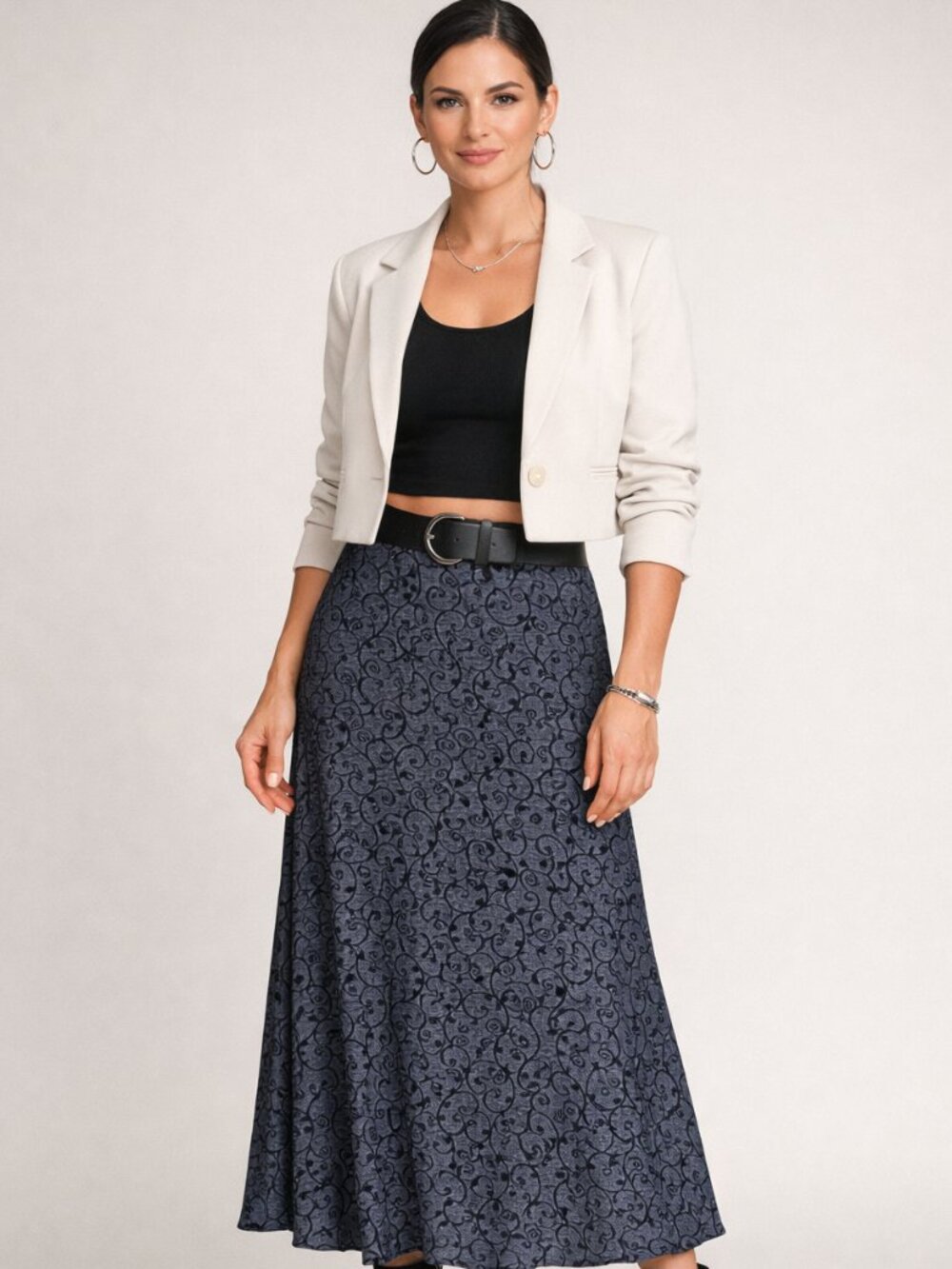 Briggs New York Black and Blue Gray Print Maxi Skirt Size Small Petite